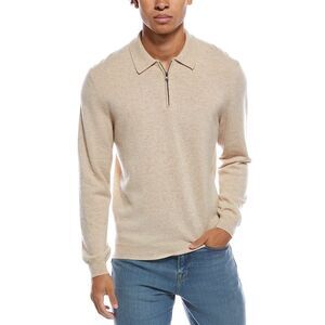 Amicale Cashmere Mens 1/4-Zip Cashmere Polo Sweater, Tan